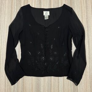 Y2K Vintage Beaded Long Sleeve Top 100% Silk in Black ICE Brand Size Small